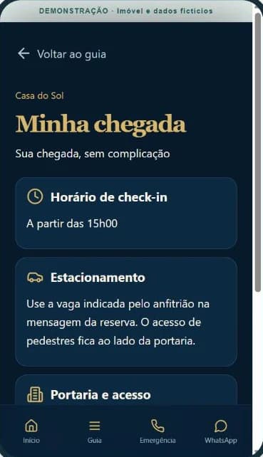 Tela real Minha chegada, mostrando horário de check-in e estacionamento